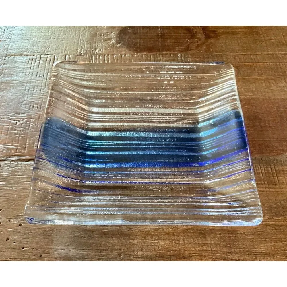 Fused Glass Blue Stripe Trinket Soap Dish Square 5.75